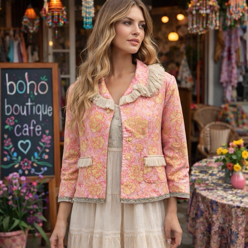 Tracy Feith Pink Floral Brocade Jacket Fringe Trim USA Made Sz 2 Boho Designer